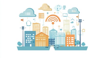Naklejka premium Smart city network infrastructure, IoT devices, and cloud computing.