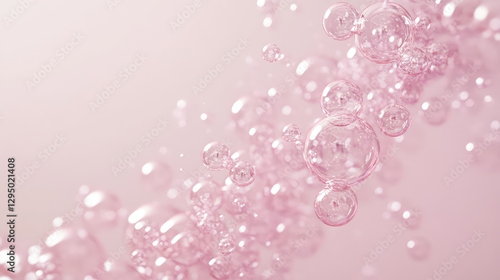 Poster soft pink bubbles floating upwards against a pale backdrop, creating an elegant atmosphere with spac