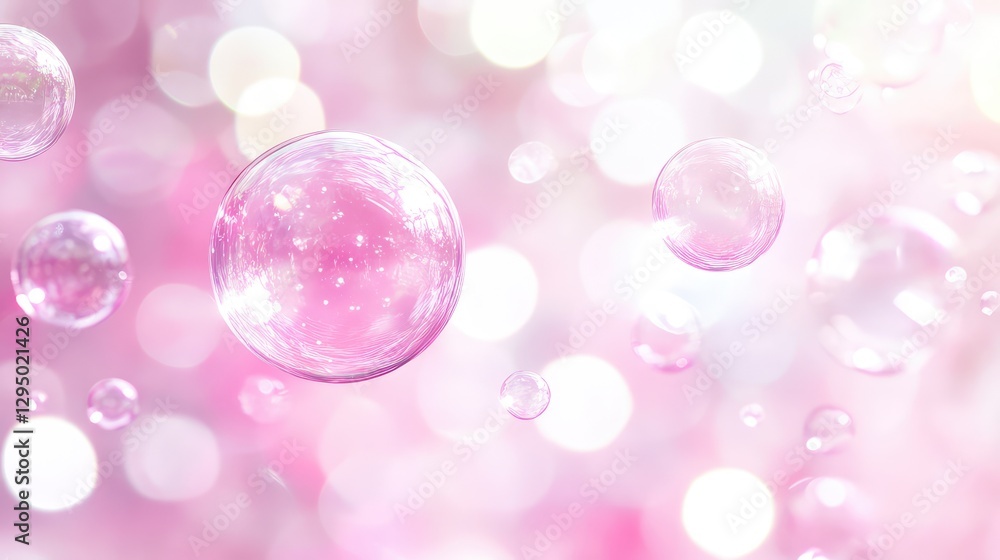 Poster soft pink bubbles floating upwards against a pale backdrop, creating an elegant atmosphere with spac