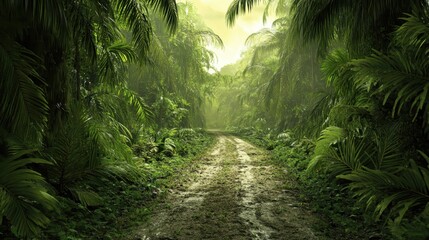 Lush green pathway through dense tropical forest during a misty morning surrounded by vibrant foliage and towering trees