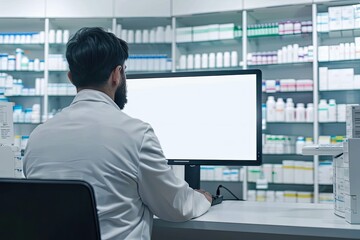Vibrant Color Image of Pharmacist Using Monitor Screen in Pharmacy