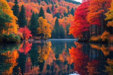 Obraz premium Serene Lake Framed by Colorful Autumn Leaves and Stunning Reflections