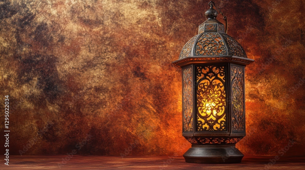 Poster ornate lantern with intricate design illuminating against a warm textured background