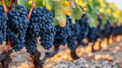 Naklejka premium Bountiful Vineyard Harvest: Close-Up of Ripe Blue Grapes on Vines