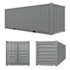 Three views of a gray shipping container side, front, and rear.
