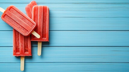 Refreshing red popsicles rest casually on a blue wooden table