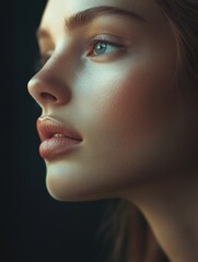 Elegant portrait of a woman showcasing modern beauty with soft lighting and flawless skin. Generative AI