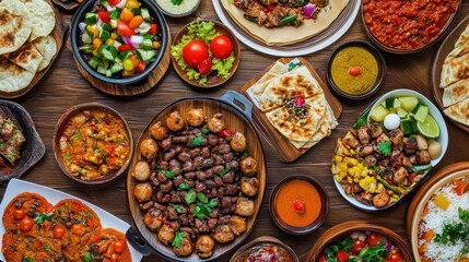 Fototapeta premium Diverse spread of traditional dishes on a wooden table featuring various colorful foods and vibrant flavors from a cultural feast in a lively atmosphere