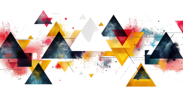 Colorful triangles creating dynamic abstract composition on transparent background
