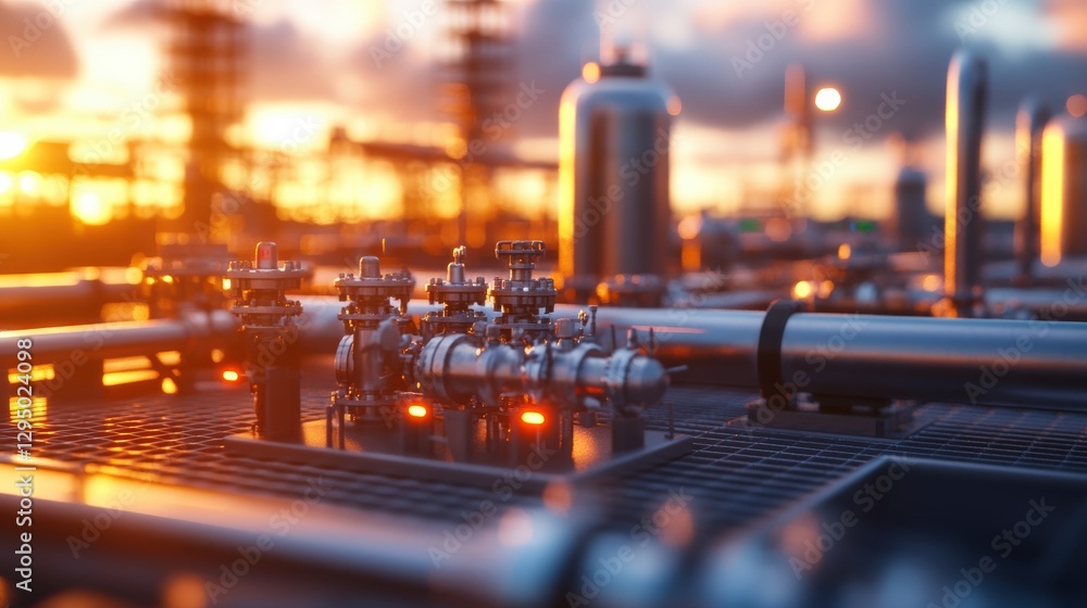 Poster close up view of an industrial machine with numerous pipes and mechanical components in a factory se