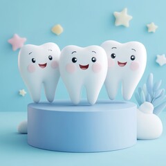 Obraz premium Happy teeth characters smiling on blue background promoting dental health