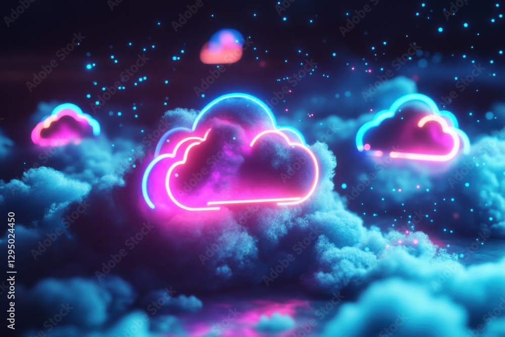 Poster neon cloud computing concept floating on fluffy clouds with futuristic lighting