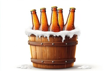 Cold Beer Bottles Resting in a Wooden Bucket on a White Background for Gatherings or Parties. Generative AI
