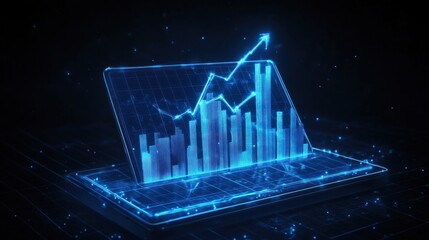 Holographic laptop screen displaying growth chart. Possible stock photo use business concept