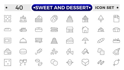 Sweet and Dessert outline icon set Containing Honey Jar, Toffee, Swirl, Birthday Cake, Chocolate Bar, Piece Of Cake, Cookie, Donuts, Cake Slice, Brigadeiro, Cotton Candy, Wafer and Honey icons.