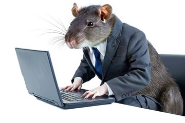 Clear Pixel Image of Business Rat in Suit Working at Laptop