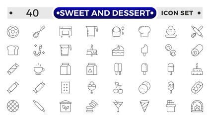 Sweet and Dessert outline icon set Containing Honey Jar, Toffee, Swirl, Birthday Cake, Chocolate Bar, Piece Of Cake, Cookie, Donuts, Cake Slice, Brigadeiro, Cotton Candy, Wafer and Honey icons.