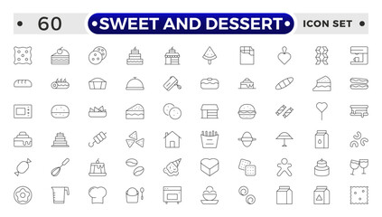 Sweet and Dessert outline icon set Containing Honey Jar, Toffee, Swirl, Birthday Cake, Chocolate Bar, Piece Of Cake, Cookie, Donuts, Cake Slice, Brigadeiro, Cotton Candy, Wafer and Honey icons.