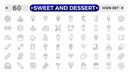 Sweet and Dessert outline icon set Containing Honey Jar, Toffee, Swirl, Birthday Cake, Chocolate Bar, Piece Of Cake, Cookie, Donuts, Cake Slice, Brigadeiro, Cotton Candy, Wafer and Honey icons.
