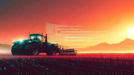 Fototapeta premium Smart farming tractor sunset field