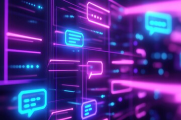 Social media chat interface with glowing text notifications in vibrant colors for digital communication. Generative AI