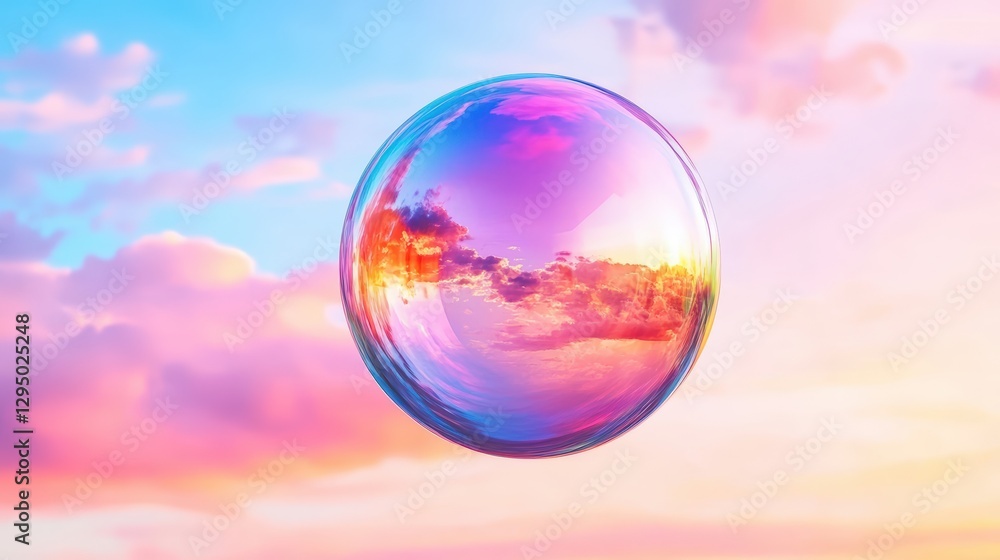 Poster soap bubble floating in the air with colorful reflections and clear background