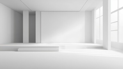 Fototapeta premium A close-up view of a bright white room featuring a large window and a stylish wooden staircase.