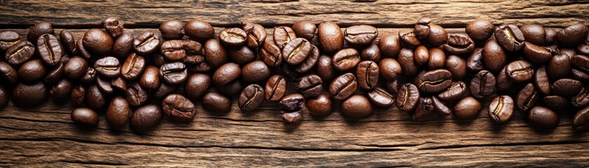 Naklejka premium A close-up view of a bunch of rich, dark coffee beans scattered on a rustic wooden surface, glistening.