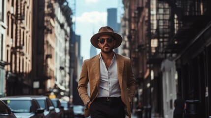Fototapeta premium Man strolling NYC street, sunny day