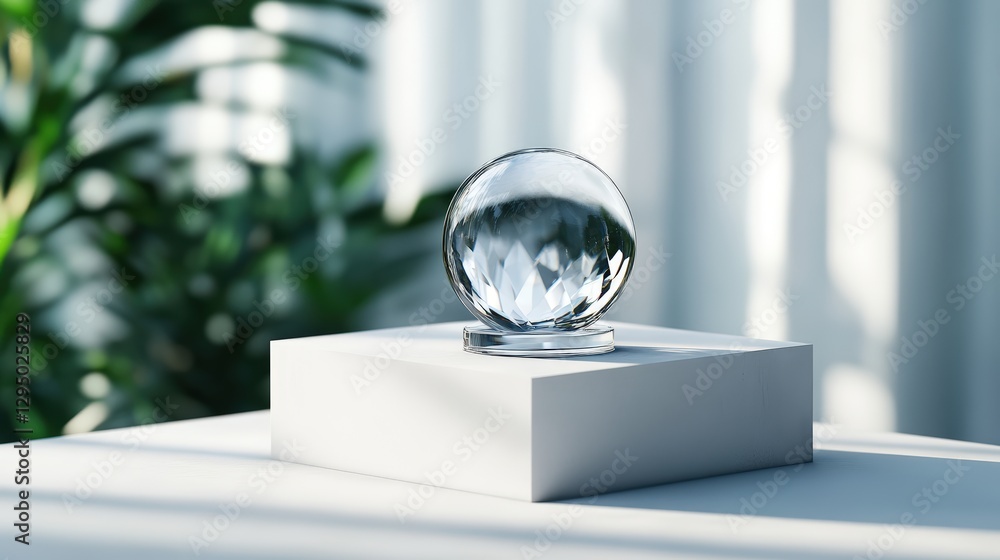 Poster clear glass ball resting on a plain white box with soft lighting and shadows creating a minimalist s