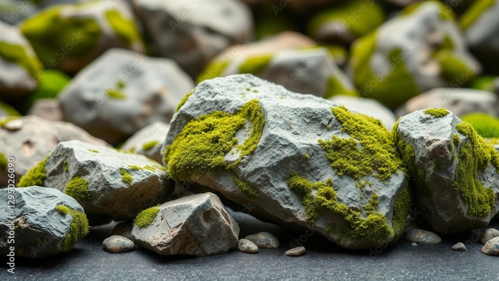 Poster set of various realistic natural rocks with green moss around isolated on transparent background