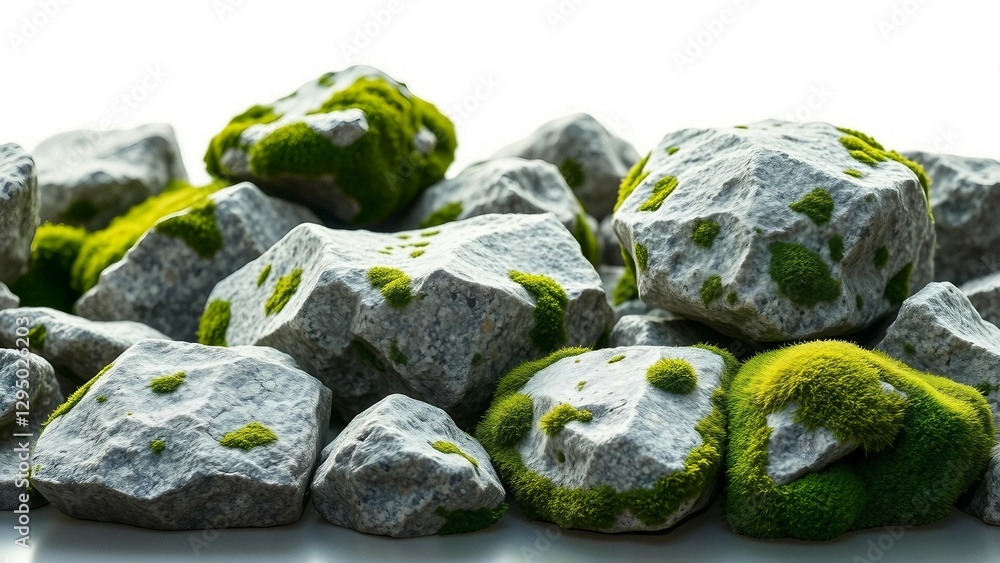 Poster set of various realistic natural rocks with green moss around isolated on transparent background