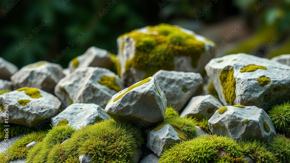 Poster set of various realistic natural rocks with green moss around isolated on transparent background