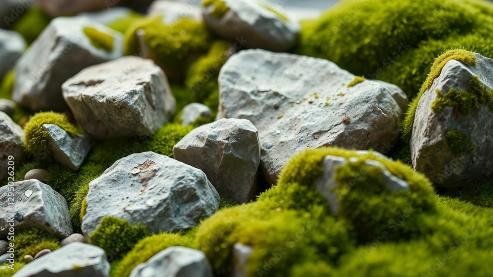 Poster set of various realistic natural rocks with green moss around isolated on transparent background