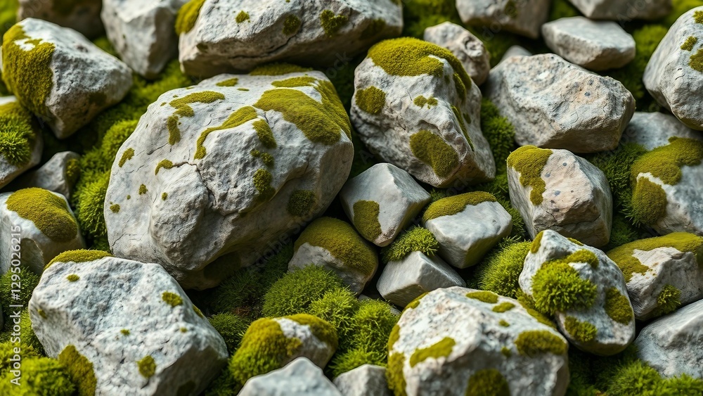 Poster set of various realistic natural rocks with green moss around isolated on transparent background