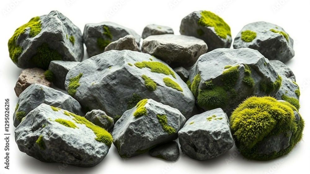 Poster set of various realistic natural rocks with green moss around isolated on transparent background
