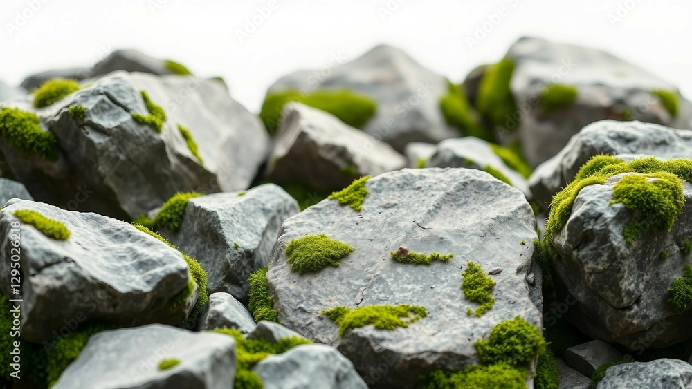 Poster set of various realistic natural rocks with green moss around isolated on transparent background