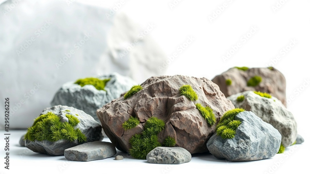 Poster set of various realistic natural rocks with green moss around isolated on transparent background