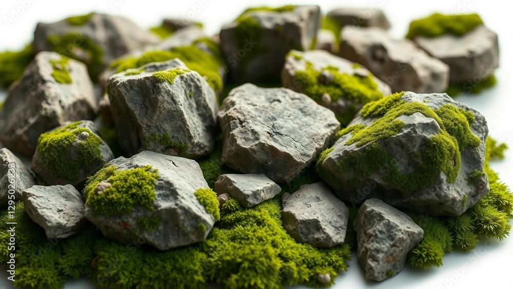 Poster set of various realistic natural rocks with green moss around isolated on transparent background
