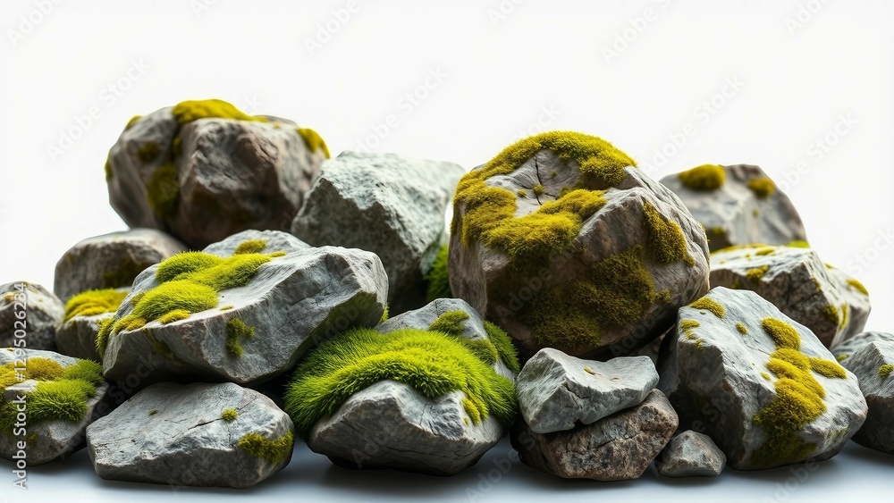 Poster set of various realistic natural rocks with green moss around isolated on transparent background