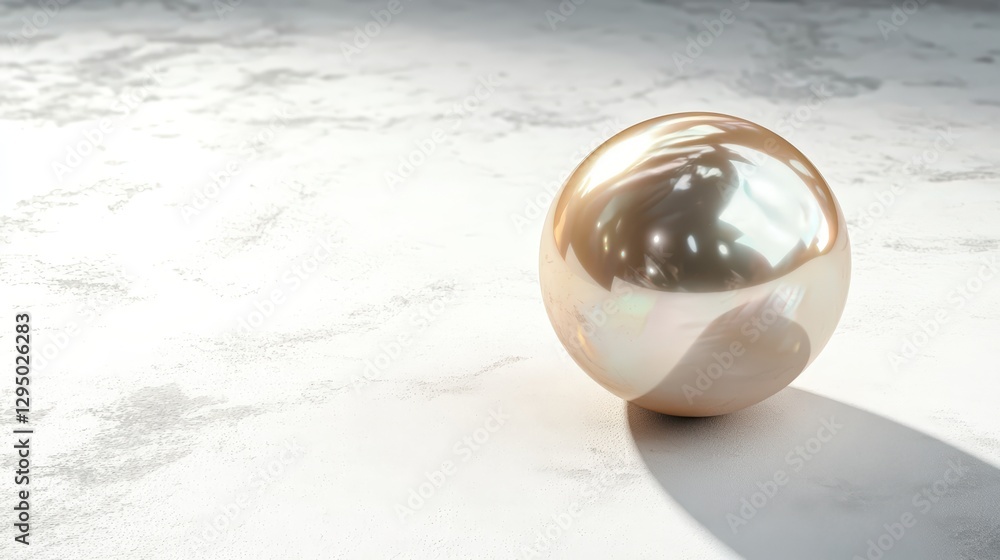Poster shiny metallic ball resting on a smooth white surface with soft shadows and reflections