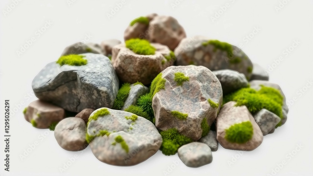 Poster set of various realistic natural rocks with green moss around isolated on transparent background