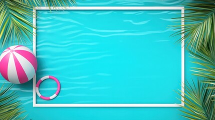 Poolside summer frame, beach ball, palm leaves, turquoise water,  vacation template