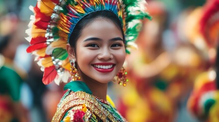 Fototapeta premium Vibrant festival celebration featuring a smiling woman in colorful traditional attire amidst a lively crowd