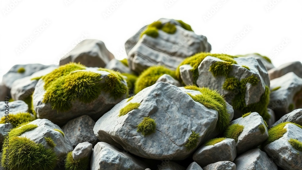 Poster set of various realistic natural rocks with green moss around isolated on transparent background