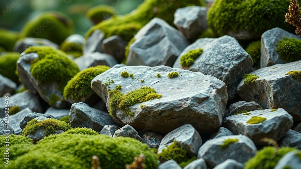 Poster set of various realistic natural rocks with green moss around isolated on transparent background