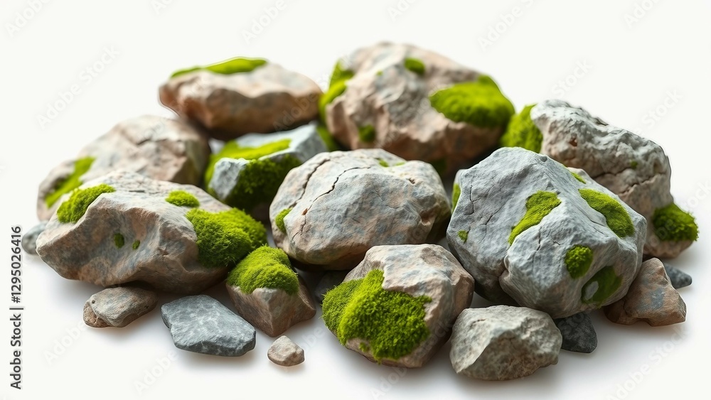 Poster set of various realistic natural rocks with green moss around isolated on transparent background