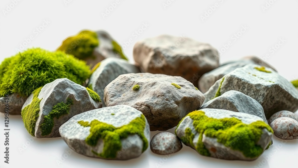 Poster set of various realistic natural rocks with green moss around isolated on transparent background