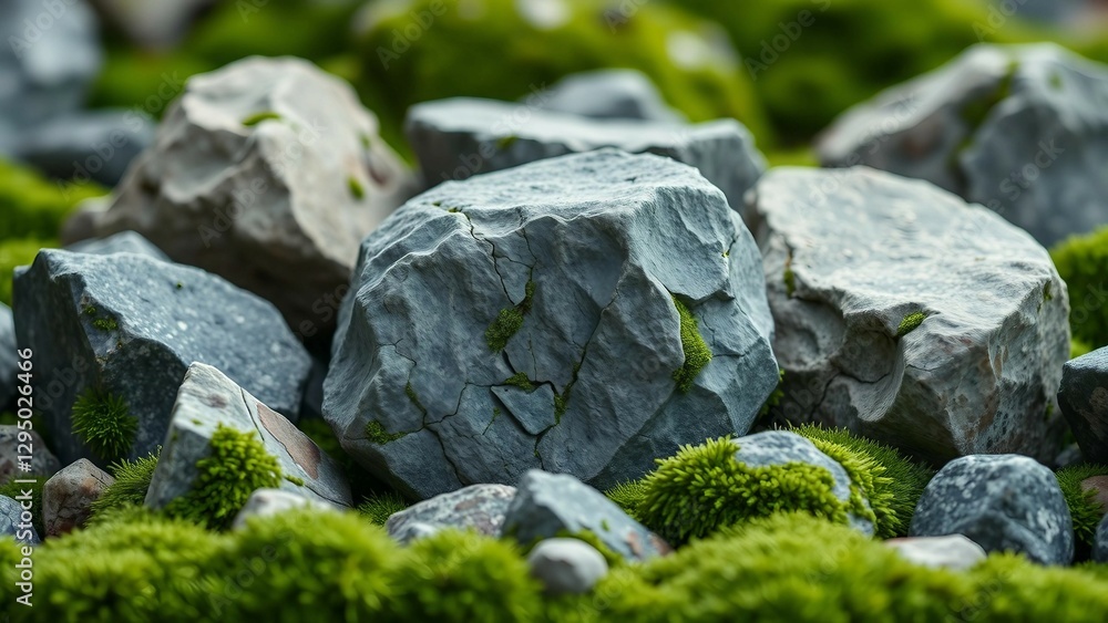 Poster set of various realistic natural rocks with green moss around isolated on transparent background