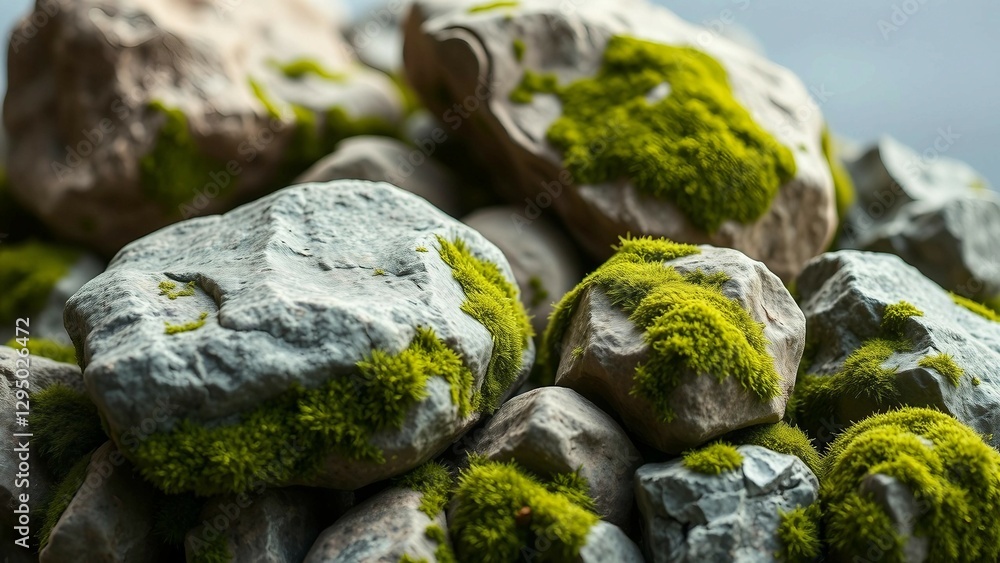 Poster set of various realistic natural rocks with green moss around isolated on transparent background